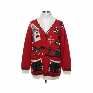 Cullinane Vintage XL Ugly Christmas Sweater Cardigan Red‎ Winter Scene Sleigh XL